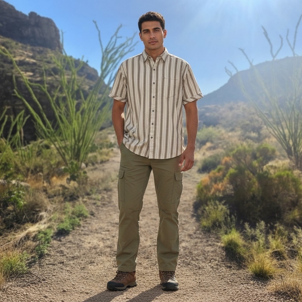 KÜHL Men’s Striped Short Sleeve Button-Down Size L – Outdoors Hiking – Tan/Brown